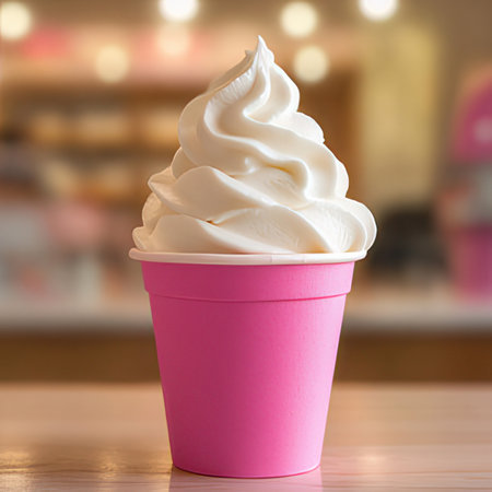 Ice cream in pink paper cup on wooden table in coffee shop backgroundの素材