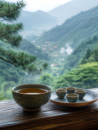tea ceremony on the terrace with mountain view in the backgroundの素材