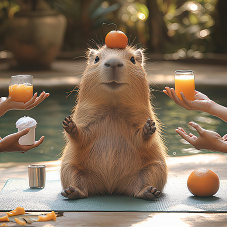 Cute rodent sitting on yoga mat and drinking orange juice.の素材