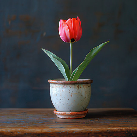 Red tulip in a ceramic vase on a wooden background.の素材