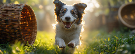 Portrait of a happy Australian Shepherd dog running in the grass.の素材