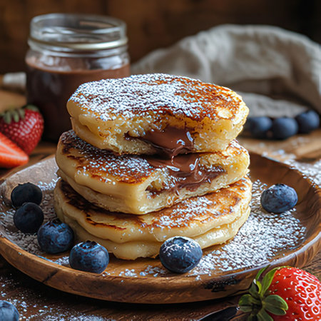 Pancakes with blueberries, strawberries and chocolate on a wooden backgroundの素材