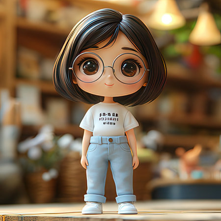 3d rendering of a cute little girl with glasses and jeans.の素材