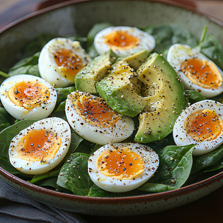 Avocado salad with spinach and boiled eggs. Healthy diet food.の素材