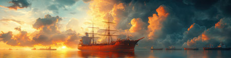Sailing ship in the sea at sunset. Panoramic viewの素材