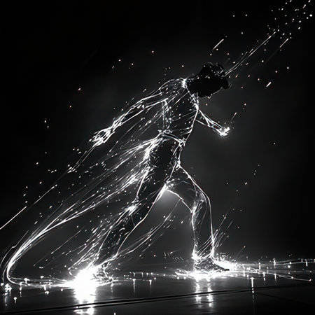 Silhouette of a man dancing on a black background with light effects.の素材