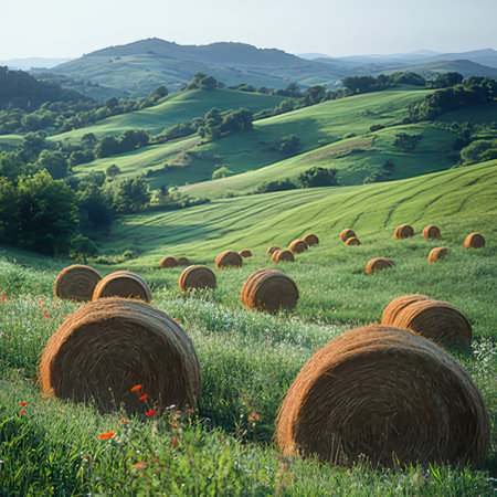 Rural landscape with hay bales in Tuscany, Italyの素材