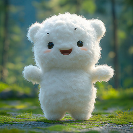 Cute white bear toy in the forest, soft focus background.の素材