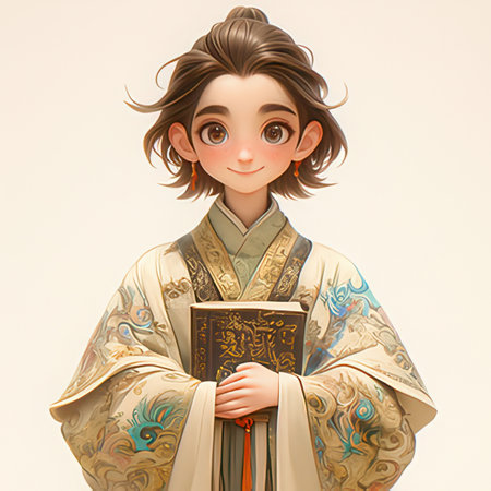 Japanese girl in kimono with a book. 3d renderingの素材