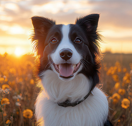 Funny portrait of cute smilling puppy border collie dog in field at sunset or sunrise. Pet care and animals conceptの素材