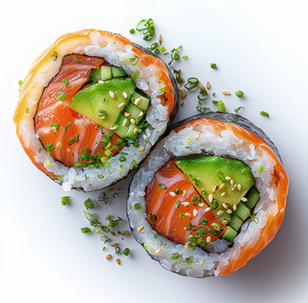 Sushi roll with salmon, avocado and cucumber on white backgroundの素材