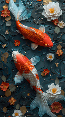 Koi fish and flowers on blue background. 3d illustration.のeditorial素材
