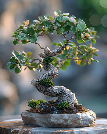 Bonsai tree in a pot, close up shot with shallow depth of fieldの素材