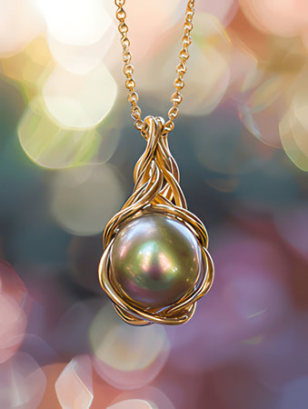 Beautiful gold pendant on bokeh background, close upの素材