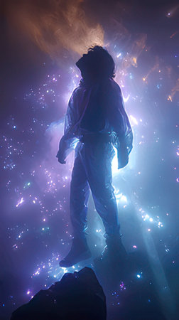 Astronaut standing in the rays of light on a dark backgroundの素材