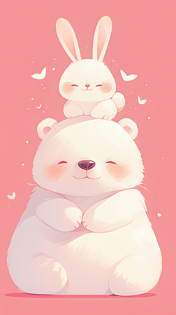 Vector illustration of cute cartoon white bear and rabbit on pink background.の素材