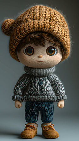 Cute doll in knitted hat and scarf. 3D illustration.の素材
