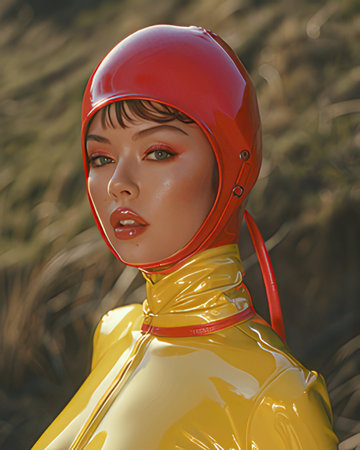 Portrait of a beautiful girl in a yellow latex suit with a red helmetの素材
