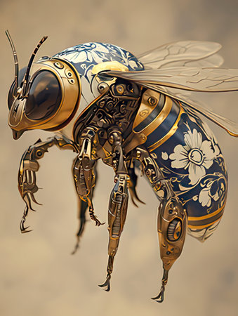 3D rendering of a bee in flight with a floral ornament on its bodyの素材