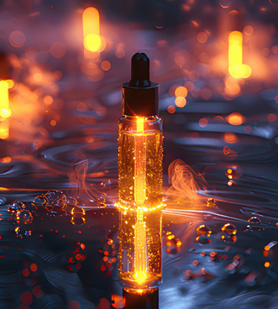Cosmetic bottle with pipette on a background of water with bokehの素材