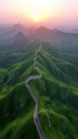 Beautiful sunset on the green hills. Mountain landscape with winding road.の素材