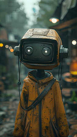 Portrait of an old robot in a raincoat in the cityの素材