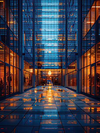 modern office building at night with reflections on glass wall, business conceptの素材