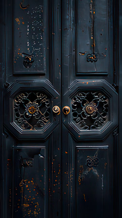 Old door in Paris, France. Black wooden door with metal handles.の素材