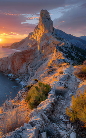Sunset over the sea and mountains. Crimea, Ukraine, Europe.の素材