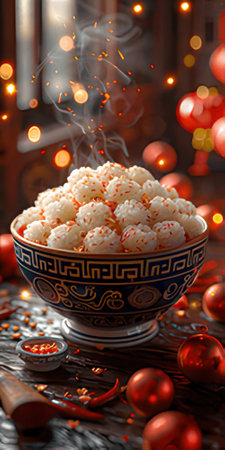 White rice balls in a bowl on a wooden table with Christmas decorationsの素材