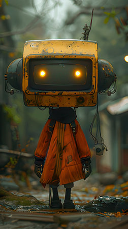 Vintage robot in the forest at night. Concept of Halloween.の素材