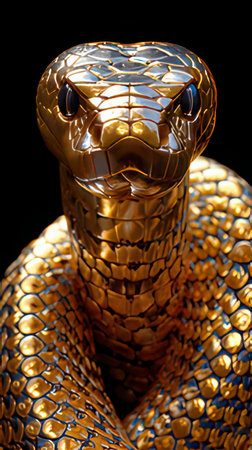 Golden snake statue on a black background, closeup of photo.の素材