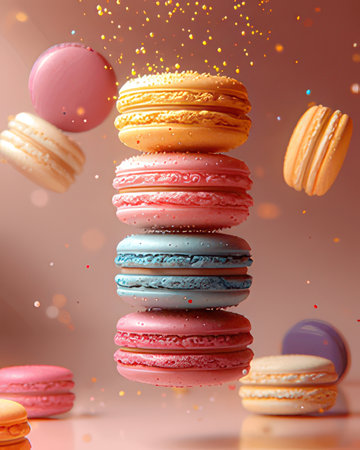 Colorful macaroons flying in the air. 3d renderingの素材