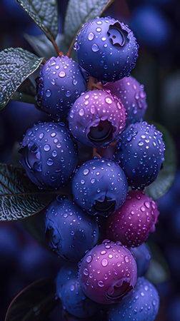 Blueberries on a branch with dew drops close-up.の素材