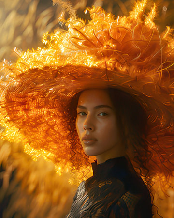 Portrait of a beautiful girl in a straw hat on a background of golden lightsのeditorial素材