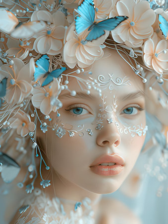 3d rendering of a beautiful woman with a wreath of flowersの素材