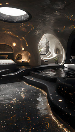 Futuristic interior design of a hotel room with glass walls and reflective floorの素材