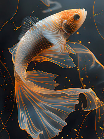 golden fighting fish on a black background. 3d rendering.の素材