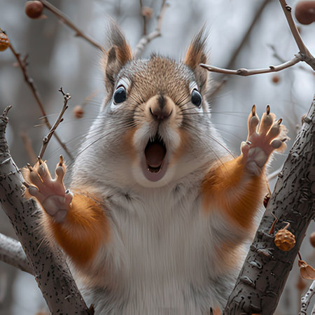 The squirrel sits on a tree and yawns.の素材