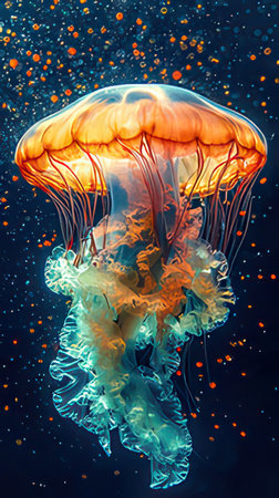 Colorful jellyfish floating in the ocean. 3D rendering.の素材