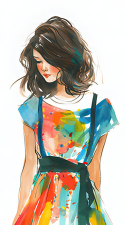 Beautiful girl in a colorful dress. Hand-drawn illustration.の素材