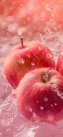 Red apples in water with drops of water splashing on them.の素材