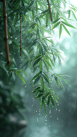 Bamboo leaves with raindrops in the garden. Natural background.の素材