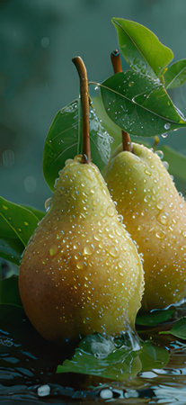 Two ripe pears with water drops on green background. Close up.の素材