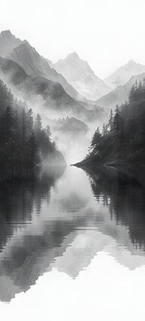 Mountains reflected in the water of a lake in the fog.の素材