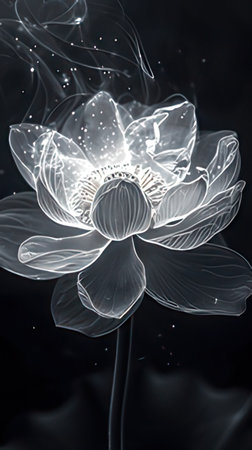 Digital illustration of a lotus flower in digital art style with black backgroundの素材