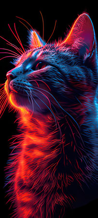 Portrait of a cat in neon light on a black background.の素材
