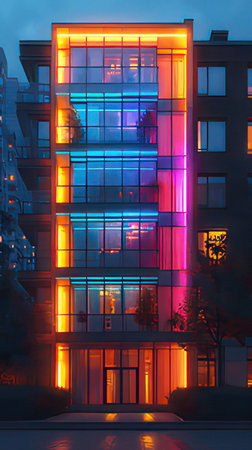 3D render of a modern office building with glass facade and neon lightsの素材