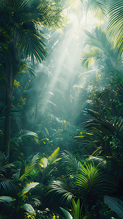 Tropical rainforest with sunlight and fog. Nature background.の素材