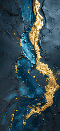 Blue and gold oil paint on a black background. Abstract background.の素材